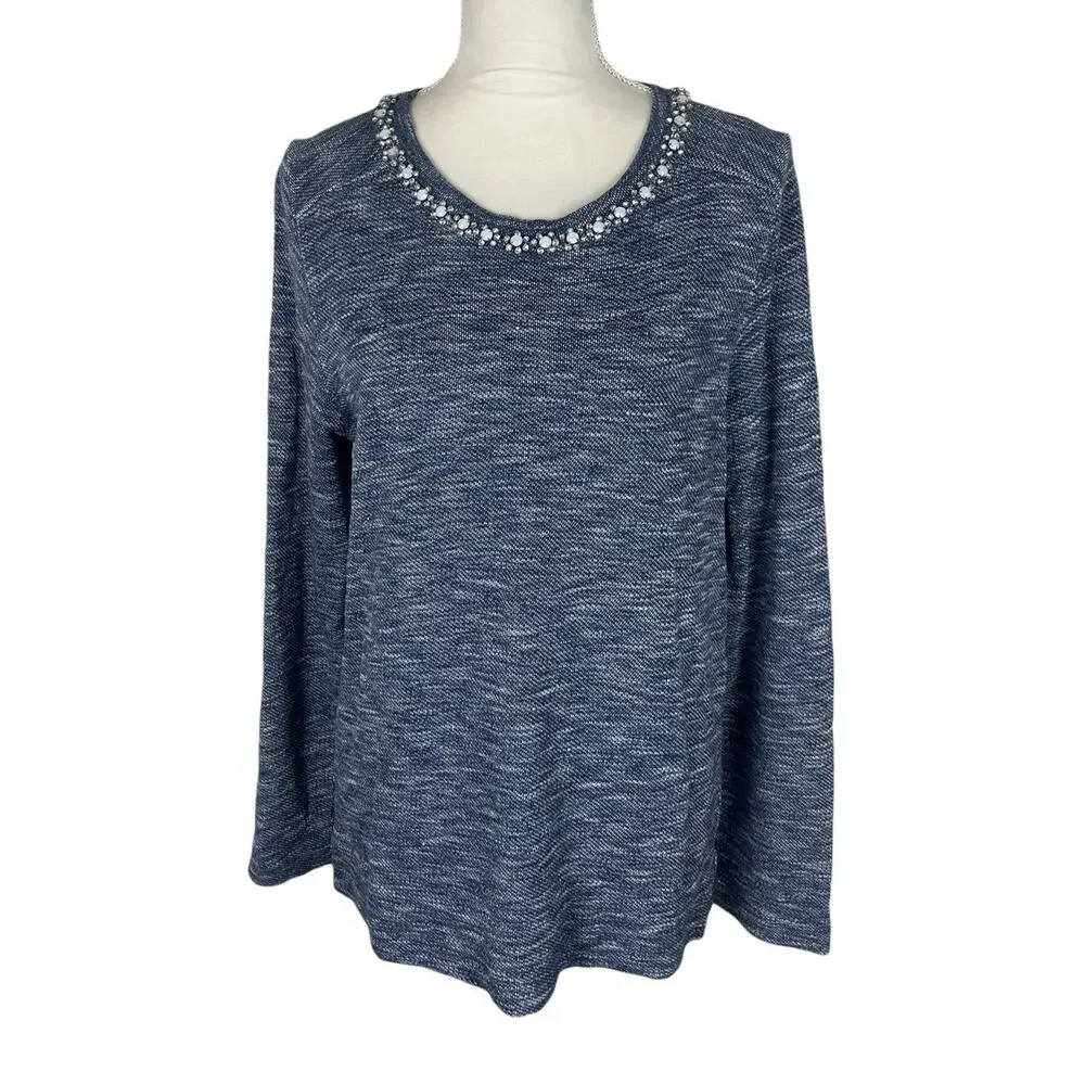 J. Crew Marled Blue Jeweled Rhinestone Neck Knit Pullover Sweater Size Large - Picture 2 of 8